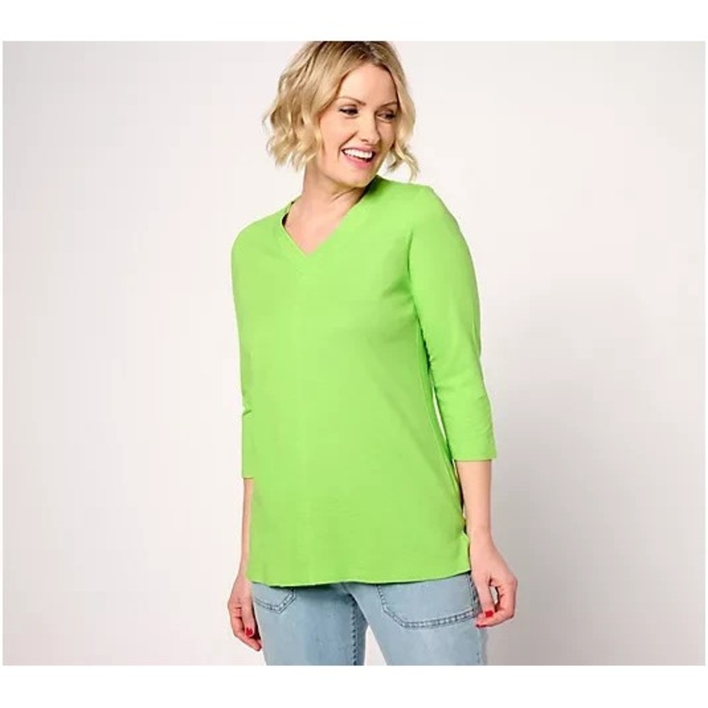 Belle by Kim Gravel TripleLuxe Linen V-Neck 3/4 Sleeve Top Jasmine Green,X-Large